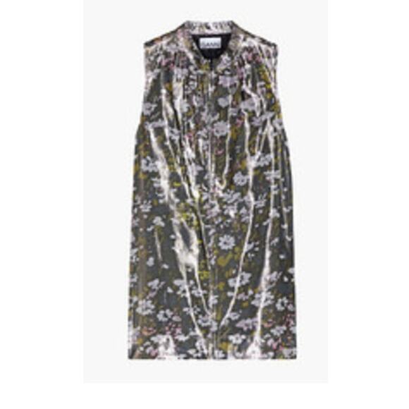 Ganni Floral print silk blend Metallic top Olive Green size 6 - Picture 1 of 9